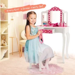 Costway Kid Vanity Set Wooden Makeup Table Stool Tri-Folding Mirror Polka Dot Print Pink -Umbra Home Decor Shop GUEST 01cb290f 51d5 4110 b250 2eb937f16764