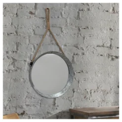 11.9" Suspended Round Galvanized Metal Wall Mirror With Rope Hanging Loop Brown/Silver - Stonebriar Collection