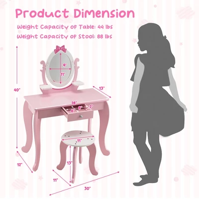 Costway Kid Vanity Table Stool Set With Adjustable Mirror Storage Drawer Makeup Pink 3 Costway Kid Vanity Table Stool Set With Adjustable Mirror Storage Drawer Makeup Pink - Image 3