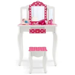 Costway Kid Vanity Set Wooden Makeup Table Stool Tri-Folding Mirror Polka Dot Print Pink -Umbra Home Decor Shop GUEST 0e3340b2 b91d 4461 8b6e a2a48741e247