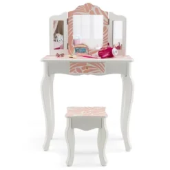 Costway Kid Vanity Set Wooden Makeup Table Stool Tri-Folding Mirror Zebra-Stripe Pink -Umbra Home Decor Shop GUEST 162c33db 5dfd 44fc a96b c0bdd2c0642a