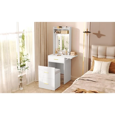 DOMETOUR Small Vanity Desk With Mirror, Light, Charging Station & Hidden Stool, Compact Makeup Vanity Set For Small Space, White 9 DOMETOUR Small Vanity Desk With Mirror, Light, Charging Station & Hidden Stool, Compact Makeup Vanity Set For Small Space, White - Image 9