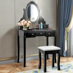 Costway Vanity Jewelry Wooden Makeup Dressing Table Set W/Stool Mirror & 5 Drawers Black -Umbra Home Decor Shop GUEST 192fb5d7 be5a 4094 a627 5147d4589e74