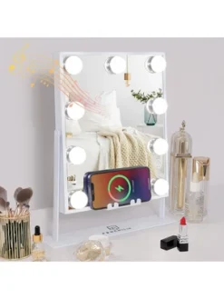 Fenchilin Lighted White Hollywood Makeup Vanity Mirror With 9 Dimmable Bulbs, Wireless Charger, Bluetooth Speaker, Smart Touch, And 10X Magnification