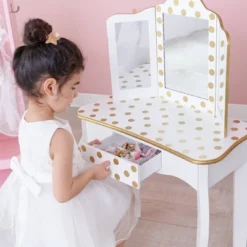 Fashion Polka Dot Gisele Play Vanity Set With Led Mirror White/Gold - Teamson Kids -Umbra Home Decor Shop GUEST 1d8d35a1 1982 42c4 a223 b6ce266208ff