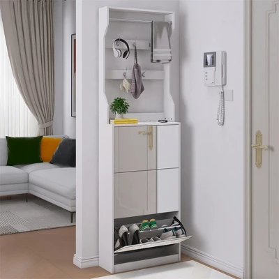 Slim Mirror Shoe Cabinet With 3 Flip Drawers, Hidden Shoe Cabinet With Coat Rack, Shoe Rack Organizer For Living Room Hallway Closet And Apartment 1 Slim Mirror Shoe Cabinet With 3 Flip Drawers, Hidden Shoe Cabinet With Coat Rack, Shoe Rack Organizer For Living Room Hallway Closet And Apartment