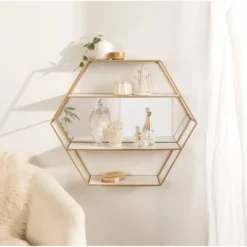 28" X 24" Lintz Hexagon Wall Mirror Shelves White/Gold - Kate & Laurel All Things Decor -Umbra Home Decor Shop GUEST 21da57e3 bce5 4e90 8bc4 c3f9ffc851dc