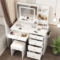 Famapy White Vanity Table Set With Stool,Lighted Makeup Mirror And Charging Station Makeup Vanity Desk Dressing Table Organizer Makeup Vanity Set