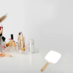 Unique Bargains Square Portable Handheld Wood Handle Vanity Cosmetic Makeup Mirror 1 Pc