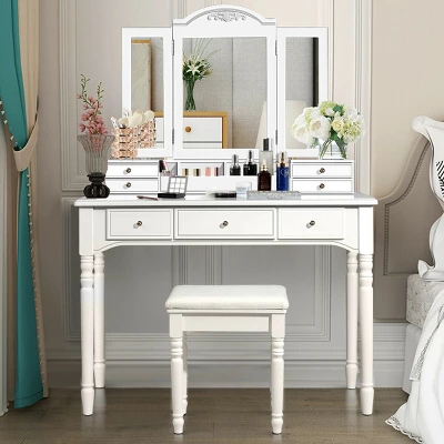 Costway 7 Drawers Vanity Set Dressing Table W/ Tri-Folding Mirror 12 Costway 7 Drawers Vanity Set Dressing Table W/ Tri-Folding Mirror - Image 12
