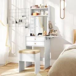 Tangkula Vanity Desk Set W/ Mirror And Lights 3-Color Lighted Mirror Cushioned Stool White