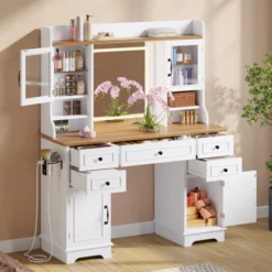 Vanity Desk With LED Lighted Mirror, Makeup Vanity Table With 5 Drawers, 4 Doors, And 3 Storage Shelves For Bedroom, Dressing Room -Umbra Home Decor Shop GUEST 294d83e9 8fa5 4fe3 a63f db80b0ea3d84