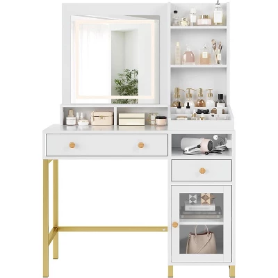 Makeup Vanity Desk With 3 Color Led Light, Makeup Vanity With Large Mirror And Power Outlet, Dressing Table With 2 Drawers White 55.9"H 2 Makeup Vanity Desk With 3 Color Led Light, Makeup Vanity With Large Mirror And Power Outlet, Dressing Table With 2 Drawers White 55.9"H - Image 2