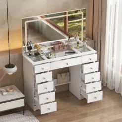 Famapy Stylish White Vanity: Large Mirror, Touch - Screen Lighting, And Ample Storage