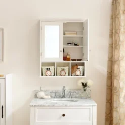 Modern Wall-Mounted Bathroom Storage Cabinet With Mirror, 2 Doors, 2 Adjustable Shelves And 3 Storage Baskets For Bathroom Or Kitchen
