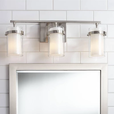 Possini Euro Design Kazran Modern Wall Light Brushed Nickel Hardwire 21 1/4" 3-Light Fixture Frosted White Glass For Mirror Vanity 1 Possini Euro Design Kazran Modern Wall Light Brushed Nickel Hardwire 21 1/4" 3-Light Fixture Frosted White Glass For Mirror Vanity
