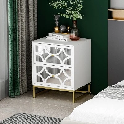 Averina 2 Drawers 45° Splicing White Mirror Front Nightstand With Storage -The Pop Home 1 Averina 2 Drawers 45° Splicing White Mirror Front Nightstand With Storage -The Pop Home