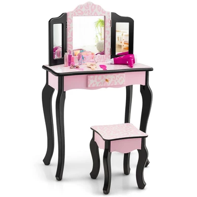 Costway Kid Vanity Set Wooden Makeup Table Stool Tri-Folding Mirror Leopard Print Pink 9 Costway Kid Vanity Set Wooden Makeup Table Stool Tri-Folding Mirror Leopard Print Pink - Image 9