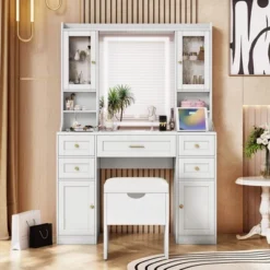TOBILI 41.4" Makeup Vanity Desk With Mirror And Lights, Makeup Table With 5 Drawers And 4 Cabinets,White