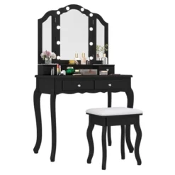 Costway Makeup Vanity Set With Tri-Fold Mirror & LED Lights 4 Drawers Open Shelf White/Black -Umbra Home Decor Shop GUEST 34cf0d0d 9c95 4bd4 8975 39fd64bf90aa