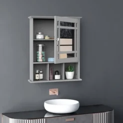 Kleankin Bathroom Medicine Cabinet Wall Mount With Mirror Door 3 Shelf Organizer For Bathroom, Kitchen, Gray