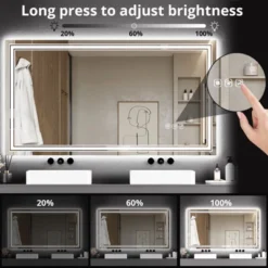 Large Bathroom Mirror With LED Lights, LED Vanity Mirror For Bathroom, 3 Adjustable Colors Of Lights, Anti-Fog, Backlit + Front Lit, Stepless Dimming