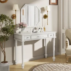 TOBILI Makeup Desk With Large Mirror, 3-Drawer Dressing Table For Jewelry Storage, Elegant Console Table For Bedroom, Living And Room,White