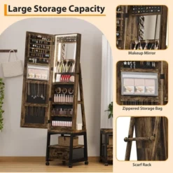 66" Full Length Mirror Jewelry Cabinet, Lockable Standing Armoire Organizer With Storage Drawer, Back Shelf, 360° Swivel Base & Wheels