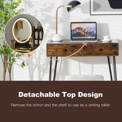 Costway Vanity Table Set Lighted Mirror Storage Drawer Shelf Cushion Stool 4 Costway Vanity Table Set Lighted Mirror Storage Drawer Shelf Cushion Stool - Image 4