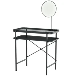 HOMCOM Modern Glasstop Vanity Table With Mirror, Makeup Dressing Table With Rotating Round Mirror, Shelves For Perfumes, Cosmetics, Lotions, Black -Umbra Home Decor Shop GUEST 3ea758db fa3f 48bf bfca f76e5dd7a4fb