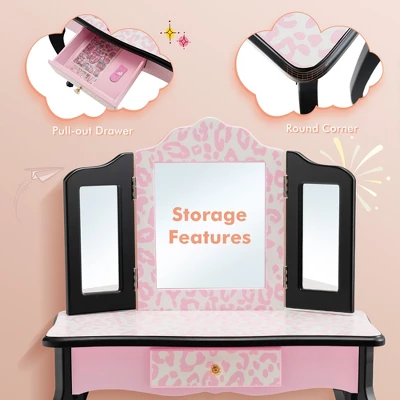Costway Kid Vanity Set Wooden Makeup Table Stool Tri-Folding Mirror Leopard Print Pink 6 Costway Kid Vanity Set Wooden Makeup Table Stool Tri-Folding Mirror Leopard Print Pink - Image 6
