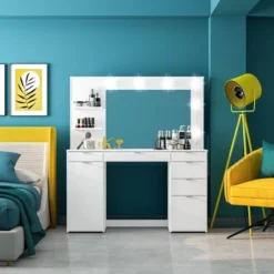 Olivia Vanity Table With Lighted Mirror White - Polifurniture: Modern Design, 6 Drawers, Storage Cabinet -Umbra Home Decor Shop GUEST 4348b6ec 8ac3 4d54 9177 4167863f9597