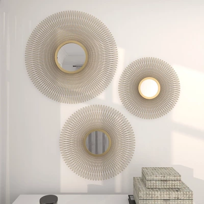 Metal Sunburst Round Wall Decor With Mirror Accent Set Of 3 Gold - Olivia & May 4 Metal Sunburst Round Wall Decor With Mirror Accent Set Of 3 Gold - Olivia & May - Image 4