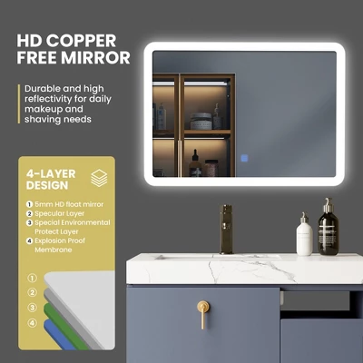 Costway Wall Mounted Rectangle Bathroom LED Mirror Dimmable Touch 3-Color Frameless 7 Costway Wall Mounted Rectangle Bathroom LED Mirror Dimmable Touch 3-Color Frameless - Image 7