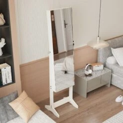 KWPZQEB Mirror Jewelry Cabinet, 63.5-Inch Tall Lockable Free-Standing Mirror Jewelry Armoire Organizer With Nterior Lighted Mirror For Bedroom, White