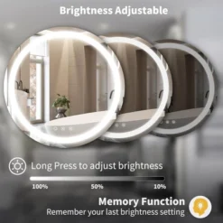 Round LED Light Bathroom Mirror Aluminum Alloy Bathroom Mirror Tempered Glass Bathroom Mirror Wall Mounted Bathroom Mirror 24*24 Inches