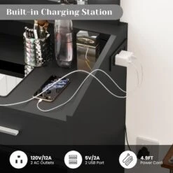 Vanity Desk With Mirror And Lights, Makeup Vanity With Power Outlet & Upholstered Stool, Wooden Dressing Table With Drawers For Bedroom