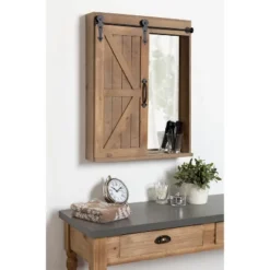 Decorative Wood Wall Storage Cabinet With Vanity Mirror And Sliding Barn Door Rustic Brown - Kate & Laurel All Things Decor -Umbra Home Decor Shop GUEST 49a8a42a 31fa 4119 953a 1bab7dcf93b1