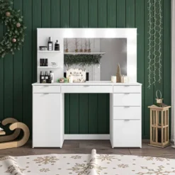Olivia Vanity Table With Lighted Mirror White - Polifurniture: Modern Design, 6 Drawers, Storage Cabinet