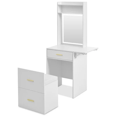 DOMETOUR Small Vanity Desk With Mirror, Light, Charging Station & Hidden Stool, Compact Makeup Vanity Set For Small Space, White 14 DOMETOUR Small Vanity Desk With Mirror, Light, Charging Station & Hidden Stool, Compact Makeup Vanity Set For Small Space, White - Image 14