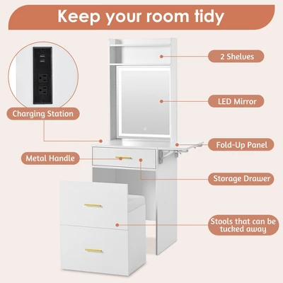 DOMETOUR Small Vanity Desk With Mirror, Light, Charging Station & Hidden Stool, Compact Makeup Vanity Set For Small Space, White 3 DOMETOUR Small Vanity Desk With Mirror, Light, Charging Station & Hidden Stool, Compact Makeup Vanity Set For Small Space, White - Image 3