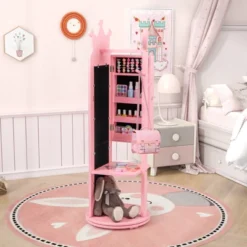 Tangkula Kids Jewelry Cabinet Standing Children Jewelry Organizer W/ Full-Length Mirror