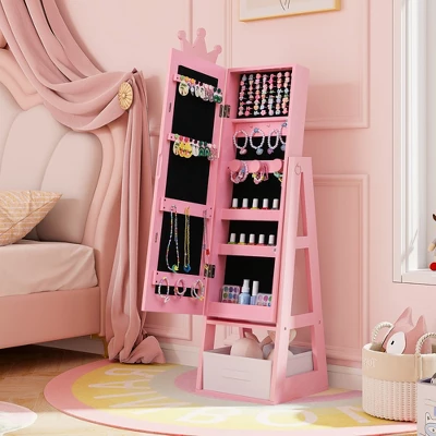 Tangkula Kids Jewelry Cabinet W/ Full-Length Mirror Foldable Drawer Anti-toppling System 1 Tangkula Kids Jewelry Cabinet W/ Full-Length Mirror Foldable Drawer Anti-toppling System