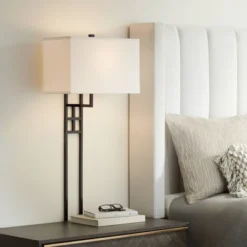 Possini Euro Design Ventano Modern Wall Lamps Set Of 2 Black Plug-In 16" Fixture White Linen Fabric Shades For Bedroom Mirror -Umbra Home Decor Shop GUEST 525eafd7 7e72 499b 9227 256040227a7b