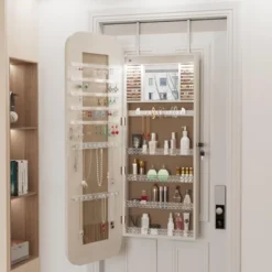 KWPZQEB Mirror Jewelry Cabinet, 47.2-Inch Tall Lockable Wall Or Door Mounted, Jewelry Armoire Organizer With Interior Lighted For Bedroom, White