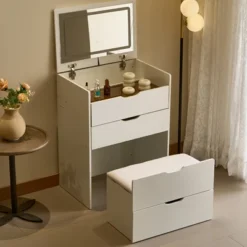 TOBILI 3-in-1 Vanity Desk With Mirror And Lights, Small Vanity Desk Set With Visible Glass Tabletop,Suitable For Bedroom Small Vanity Desk