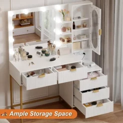 Wavy Stripes Vanity Desk With Mirror & Power Outlet, Makeup Dressing Table With 5 Drawers For Bedroom -Umbra Home Decor Shop GUEST 5d0adaf2 2f6e 403e b1aa b1aa72e4b7c4