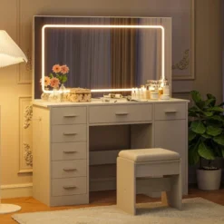 Vanity Desk With Large Mirror And Lights, Makeup Vanity With Charging Station, 3 Lighting Modes Adjustable Brightness -Umbra Home Decor Shop GUEST 5dceda2f 2f36 45e7 9cd0 597399fab024