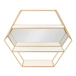 28" X 24" Lintz Hexagon Wall Mirror Shelves White/Gold - Kate & Laurel All Things Decor