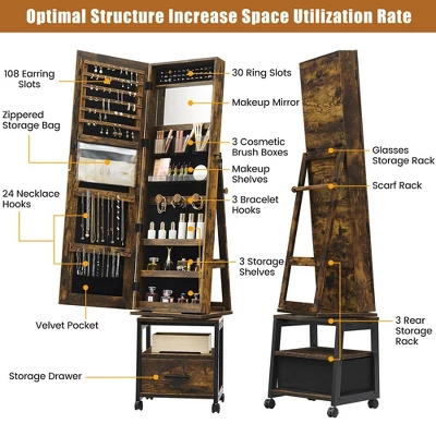 Garvee 360° Swivel Mirrored Jewelry Cabinet, Full Length Mirror With Jewelry Storage And Floor Standing Lock, Built In Makeup Mirror 2 Garvee 360° Swivel Mirrored Jewelry Cabinet, Full Length Mirror With Jewelry Storage And Floor Standing Lock, Built In Makeup Mirror - Image 2